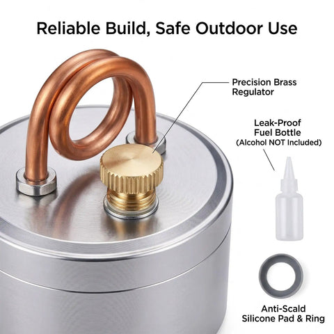 High Power Mini Alcohol Stove Spirit Burner with brass regulator and components for safe outdoor camping use.