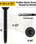 Beefy Heavy Duty Trailer Deck Screws 1/4-20 By 2-1/2 Inch with Torx T-30 bit, flat head and measurement details visible.