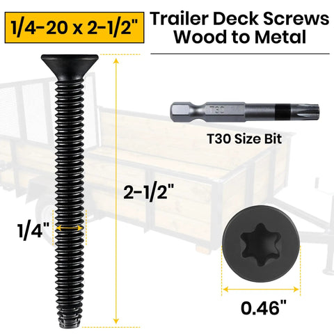 Beefy Heavy Duty Trailer Deck Screws 1/4-20 By 2-1/2 Inch with Torx T-30 bit, flat head and measurement details visible.