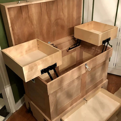 Solid Built One Pair 10 Inch Gas Lift Hinges For Coffee Tables Hella Smooth Motion Handles 100 Pounds, shown on wooden storage chest.