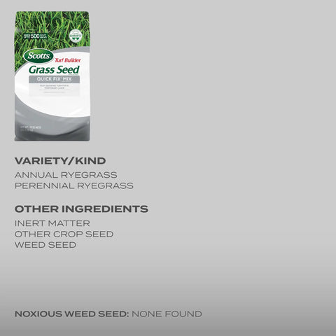 Quick Fix Grass Seed Mix Rapidly Patches Up Bare Lawn Sections Within Four To Seven Days in a three pound bag.