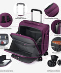 Underseat Carry On Luggage That Fits Under Airline Seats With Spinner Wheels, 16 Inch Softside Roller Bag, TSA Lock, Purple compartments