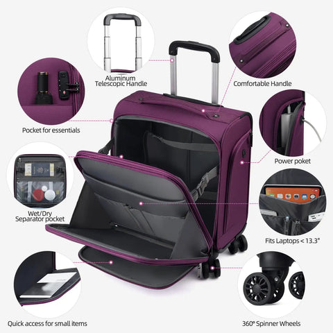 Underseat Carry On Luggage That Fits Under Airline Seats With Spinner Wheels, 16 Inch Softside Roller Bag, TSA Lock, Purple compartments