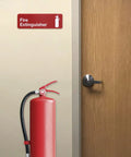 Red Beveled Plastic Fire Extinguisher Sign 9x3 Inch Three Pack For Office Walls With Bold White Text And High Visibility Safety Signage