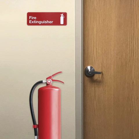 Red Beveled Plastic Fire Extinguisher Sign 9x3 Inch Three Pack For Office Walls With Bold White Text And High Visibility Safety Signage
