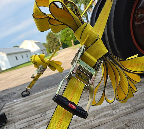 Heavy Duty 2 Inch By 27 Foot Ratchet Tie Down Straps With Wire Hooks 10 Pack 10,000 Lbs Breaking Strength on trailer