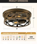 Industrial Three Bulb Ceiling Light With Vintage Metal Cage, Oil Rubbed Bronze Flush Mount Fixture, shown with product dimensions