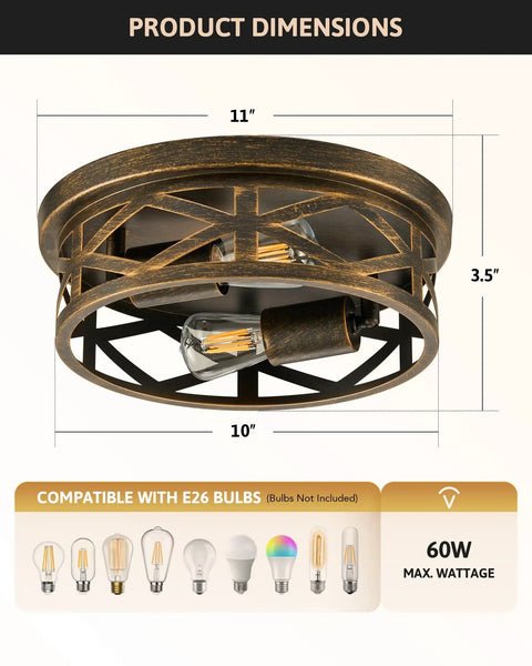 Industrial Three Bulb Ceiling Light With Vintage Metal Cage, Oil Rubbed Bronze Flush Mount Fixture, shown with product dimensions
