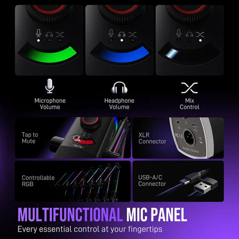 Multifunctional mic panel with microphone volume, headphone volume, mix control, tap to mute, and XLR connector from Gaming Microphone Kit For PC With XLR And USB Dynamic Mic Cardioid Mic Set Boom Arm RGB Lighting For Streaming And Podcasting Tap To Mute Mix Control And Headphone Jack For Crisp Clear Studio Quality Audio.