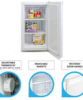 Hella Compact 3.1 Cubic Feet White Upright Freezer With Three Wire Baskets Garage Ready open, showcasing adjustable thermostat and removable baskets.