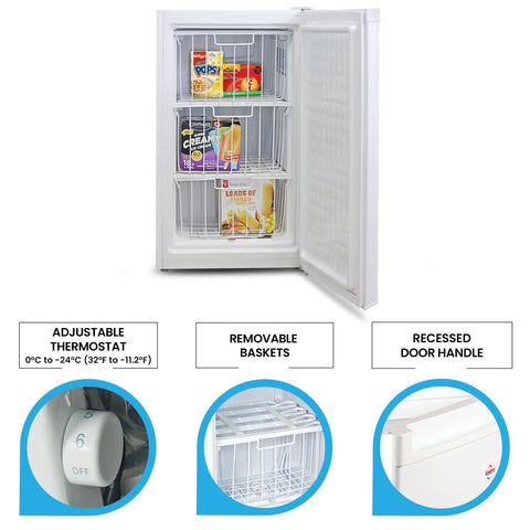 Hella Compact 3.1 Cubic Feet White Upright Freezer With Three Wire Baskets Garage Ready open, showcasing adjustable thermostat and removable baskets.