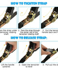Instructions on how to tighten and release Heavy Duty 1 Inch Ratchet Straps 4 Pack With Durable Hooks 20 Foot Tie Downs.