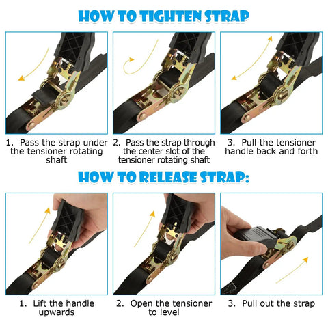 Instructions on how to tighten and release Heavy Duty 1 Inch Ratchet Straps 4 Pack With Durable Hooks 20 Foot Tie Downs.