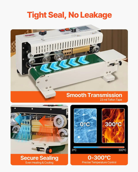 Pro Grade Continuous Band Sealer Machine With Digital Temperature Control in operation showing smooth transmission and temperature settings.