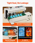 Heavy Duty Continuous Band Sealer Machine With Digital Temperature Control 600W Power Horizontal Bag Sealer features and graphics.