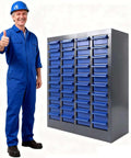 Worker posing with Ultra Handy 40 Drawer Parts Cabinet For Nuts Bolts And Small Hardware With ABS Drawers Adjustable Dividers