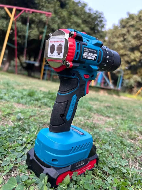 Heavy Duty 21V Cordless Drill Set With Dual Speed Gears, 10Mm Keyless Chuck, Two Power Cells, Quick Charger, And Full Driver Bit Kit resting on grass.
