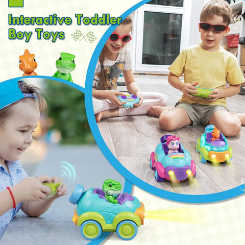 Children playing with Dino RC Car For Toddlers Tot Friendly With Lights And Music Rechargeable Remote Controlled Dinosaur Toy