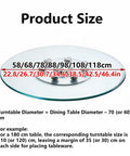 Game-Changing 7mm Tempered Glass Lazy Susan Turntable With Smooth Quiet Rotation, sizing guide displayed with measurements.