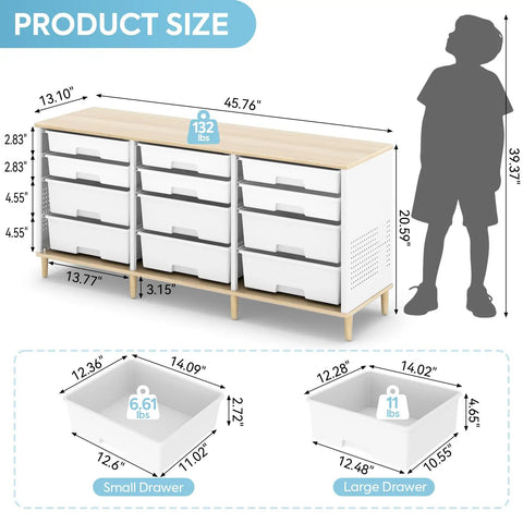 Premium 12 Drawer Storage Cabinet With Wooden Top And White Plastic Bins For Hella Organized Home Offices, dimensions and weights shown.