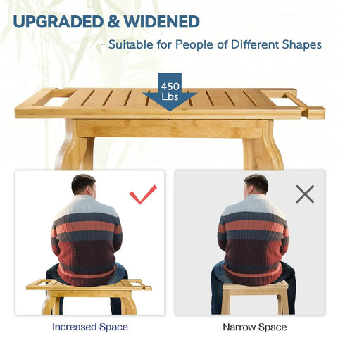 Two Tier Bamboo Shower Bench For In Shower Use 25 Inch Waterproof Bath Stool With Storage Shelf No Slip Feet Safe And Stable For Seniors Adults Disabled Women Shaving Legs In The Shower supports 450 lbs