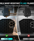 Comparison of warp resistance in 3D printed parts using PC-ABS and ABS filaments, highlighting benefits of PC-ABS filament.