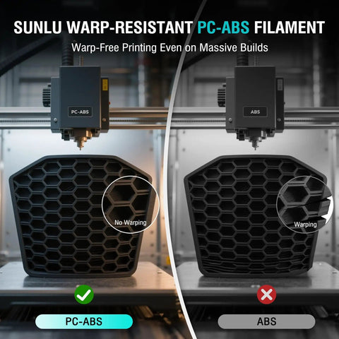 Comparison of warp resistance in 3D printed parts using PC-ABS and ABS filaments, highlighting benefits of PC-ABS filament.