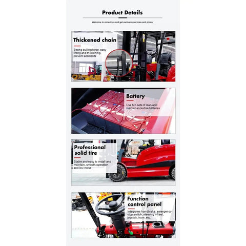 Heavy Duty Industrial Electric Forklift With Precision Steering, 4-Way Counterbalance Pallet Stacker details including chain, battery, tire, and control panel.