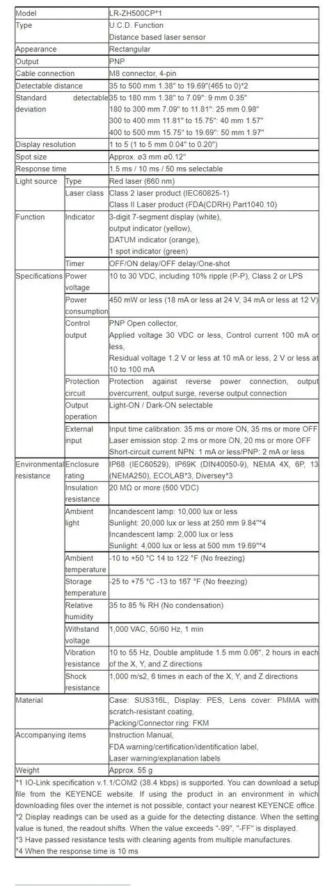Technical specifications for LR ZH500CP Laser Sensor UCD Distance Based With PNP Output M8 4 Pin Cable Industrial Grade New In Box