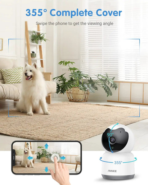 2K Indoor Pet Camera With 360 Pan Tilt WiFi Camera demonstrating complete room coverage with smartphone control and a dog visible