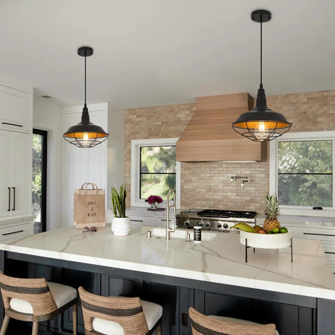 Farmhouse Industrial Pendant Light 2-Pack, 10.2-Inch Black Pendant Lights for Kitchen Island over marble countertop