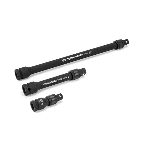 Locking 1/2 Inch Drive Impact Extension Set With 3 Inch, 6 Inch And 12 Inch Extensions, Detent Pin Retention, Sliding Collar Locking Mechanism