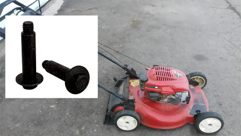 Built Tough Shoulder Bolt Set For Toro Recycler Mower Lawn Boy Deck Wheel Axle Hardware visible on lawn mower for maintenance.