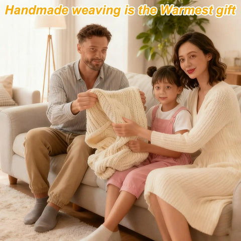 Family sitting on a sofa holding a chunky knit blanket, emphasizing homemade weaving as the warmest gift.