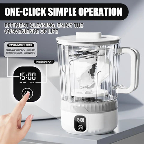 Straight Fire Cordless Mini Washing Machine Portable Underwear Cleaner No Sweat Travel Laundry Solution Splashproof Dorm And RV Lowkey Essential With Rechargeable Battery For Delicates White with timer display and power button.