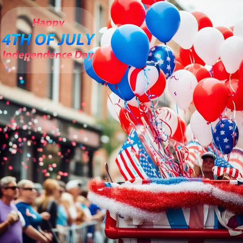 Fourth of July parade with red, white, and blue balloons and American flags showcasing festivities