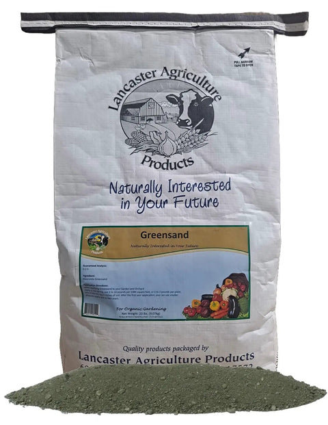 All Natural Greensand Soil Amendment For Gardens And Lawns 20 Lb Bag Rich In Potassium And Iron Improves Soil Structure And Water Retention Great For Clay Or Depleted Soils Ideal For Vegetables Flowers Lawns Orchards And More in white bag.