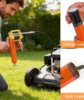 Man using Mini Grease Gun Kit For 3 Oz Tubes With 3000 PSI Pistol Grip Lube Gun And Half Inch Coupler With Needle Nozzles for lawnmower maintenance