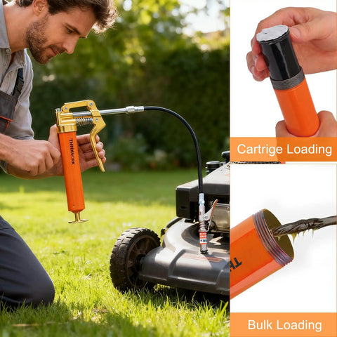 Man using Mini Grease Gun Kit For 3 Oz Tubes With 3000 PSI Pistol Grip Lube Gun And Half Inch Coupler With Needle Nozzles for lawnmower maintenance