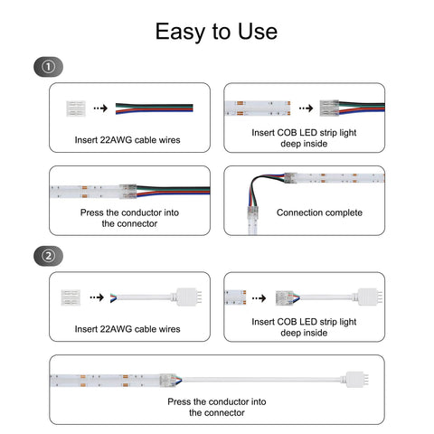 10 Pack 4 Pin Transparent COB Connectors for RGB LED Strips Solderless Connection with 15cm Wires and 22AWG extension cables guide