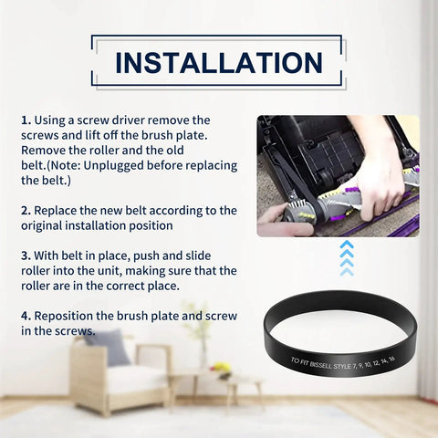 Installation guide for Replacement Belt For Bissell Vacuum 7 9 10 Part Number 3031120 2 Pack with images of steps and belt