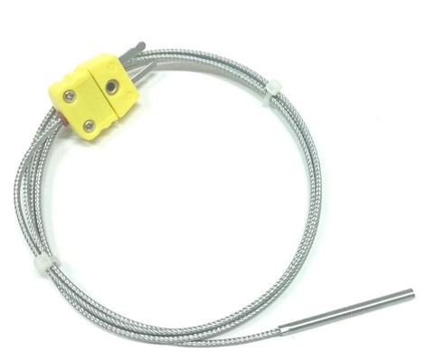 K Type Thermocouple Probe With Metal Head, 4 Cm Tip, 100 Cm Cable, 3 mm Diameter, For Temperature Meter, 0 To 500 Celsius Range, Durable Sensor Probe For Lab Or Industrial Use visible with yellow connector and braided cable.