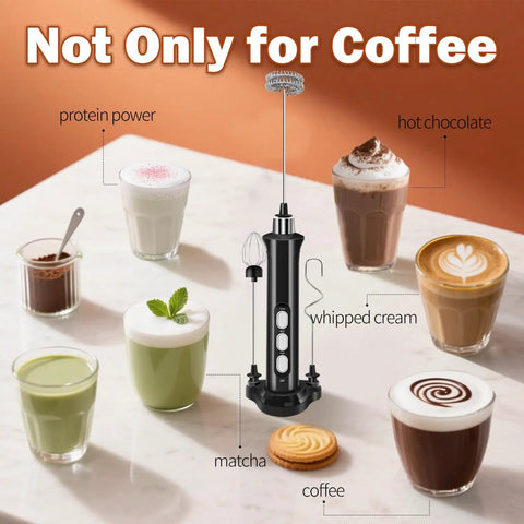 Rechargeable Handheld Milk Frother With 3 Speed Settings and 3 Detachable Stainless Whisks on table with drinks