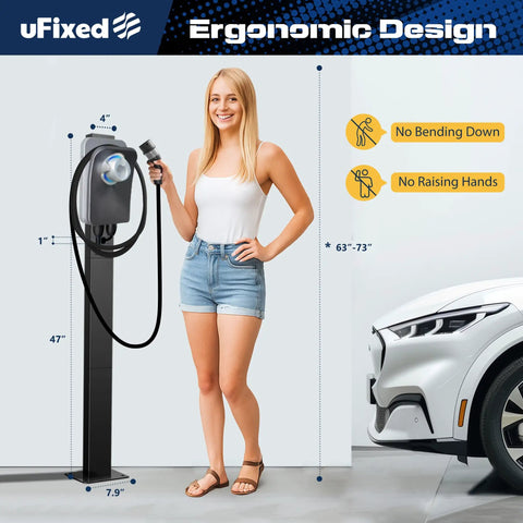 Universal EV Charger Pedestal featuring heavy duty steel frame, ergonomic design and sleek wire routing in driveway.