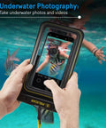 Two Pack Marine Waterproof Phone Pouches XL for underwater beach adventures, showcasing floating IP68 case in use.