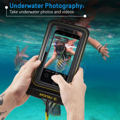 Two Pack Marine Waterproof Phone Pouches XL for underwater beach adventures, showcasing floating IP68 case in use.