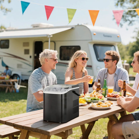 Countertop Ice Maker With Sturdy Carry Handle, Portable Ice Machine Freezing Bullet Ice Cubes In Rapid Six Minutes, Delivers Twenty Six Pounds Daily, Lowkey Essential Home And Tailgate Chiller In Jet Black on picnic table with friends.