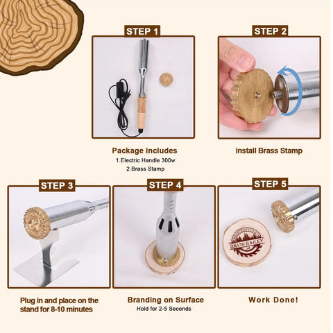 KAINSY electric wood branding iron kit with brass stamp; setup, stamp installation, and branding on wood.