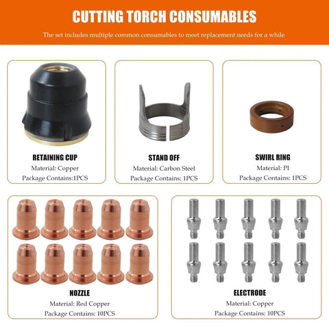 Plasma Cutter Consumables Kit 23 Pcs 0.045 Inch Tips For ArcCaptain Cut55 Non HF MP Cut60 Non HF Torch 50-60A components display