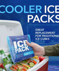 Performance Reusable Ice Packs For Lunch Boxes Lunch Bags And Coolers Four Pack Keeps Your Food Cold For Up To Twelve Hours Perfect For Camping Outdoors And Beach Trips shown in cooler with drinks and sandwich